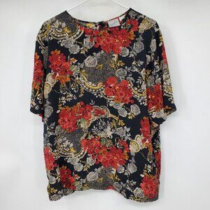 Jacqueline Ferrar 100% Silk Short Sleeve Rose Floral Pattern‎ Blouse Shirt 14
